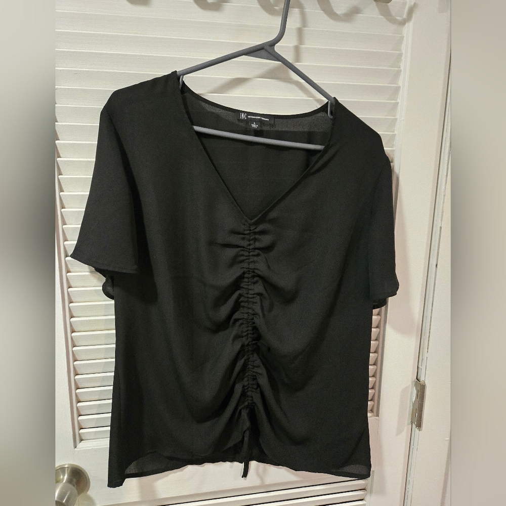 INC International Concepts Black Gathered V-Neck Blouse - Picture 1 of 4